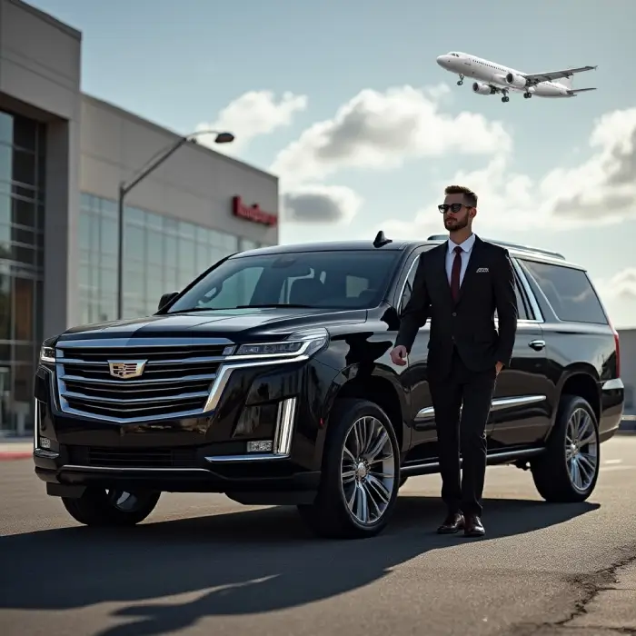 Chauffeur standing next to black luxury SUV at Boston Logan Airport