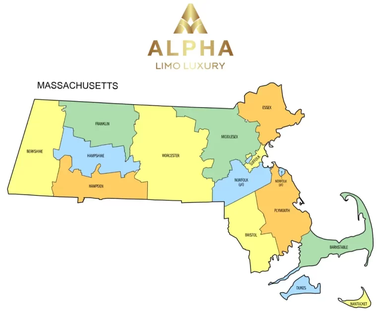 Massachusetts map with Alpha Limo Luxury logo showcasing service areas.