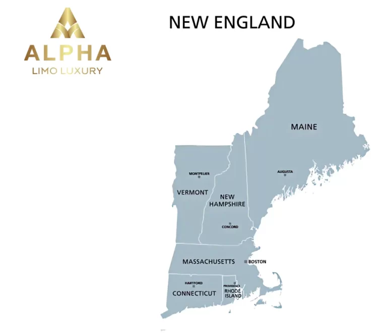 New England transportation map detailing Alpha Limo Luxury’s premium chauffeur services across six states.